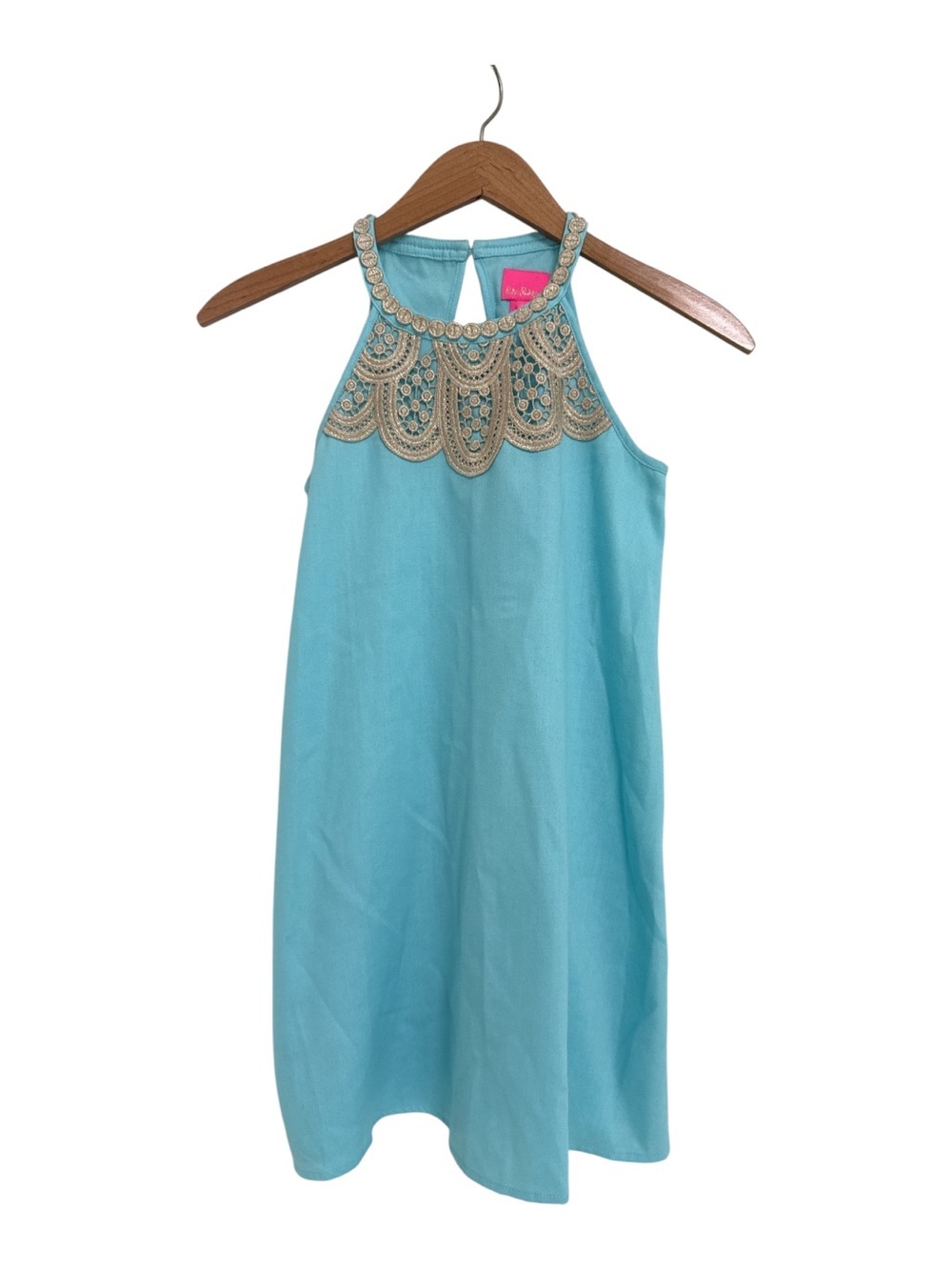 Lilly Pulitzer Girls Solid Bali Blue Mini Pearl Shift Dress Gold Lace
